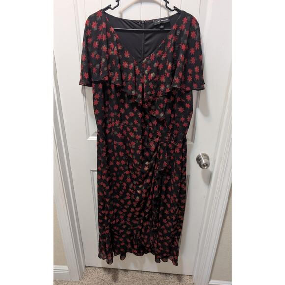 Lane Bryant Surplice Fitted Sz. 28 Black Midi Dress Red Metallic Gold Polka Dot - Picture 3 of 11